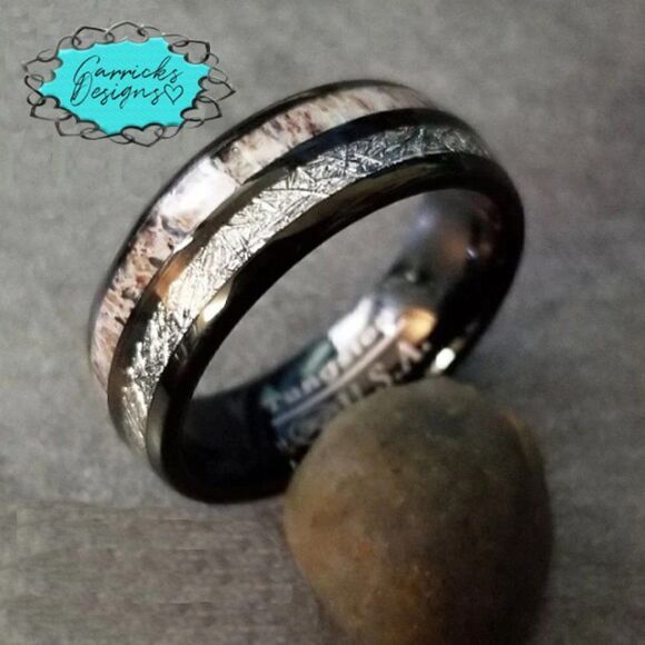 Men's Real Black Tungsten Wedding Ring Meteorite and Deer Antler Inlays - Picture 7 of 10